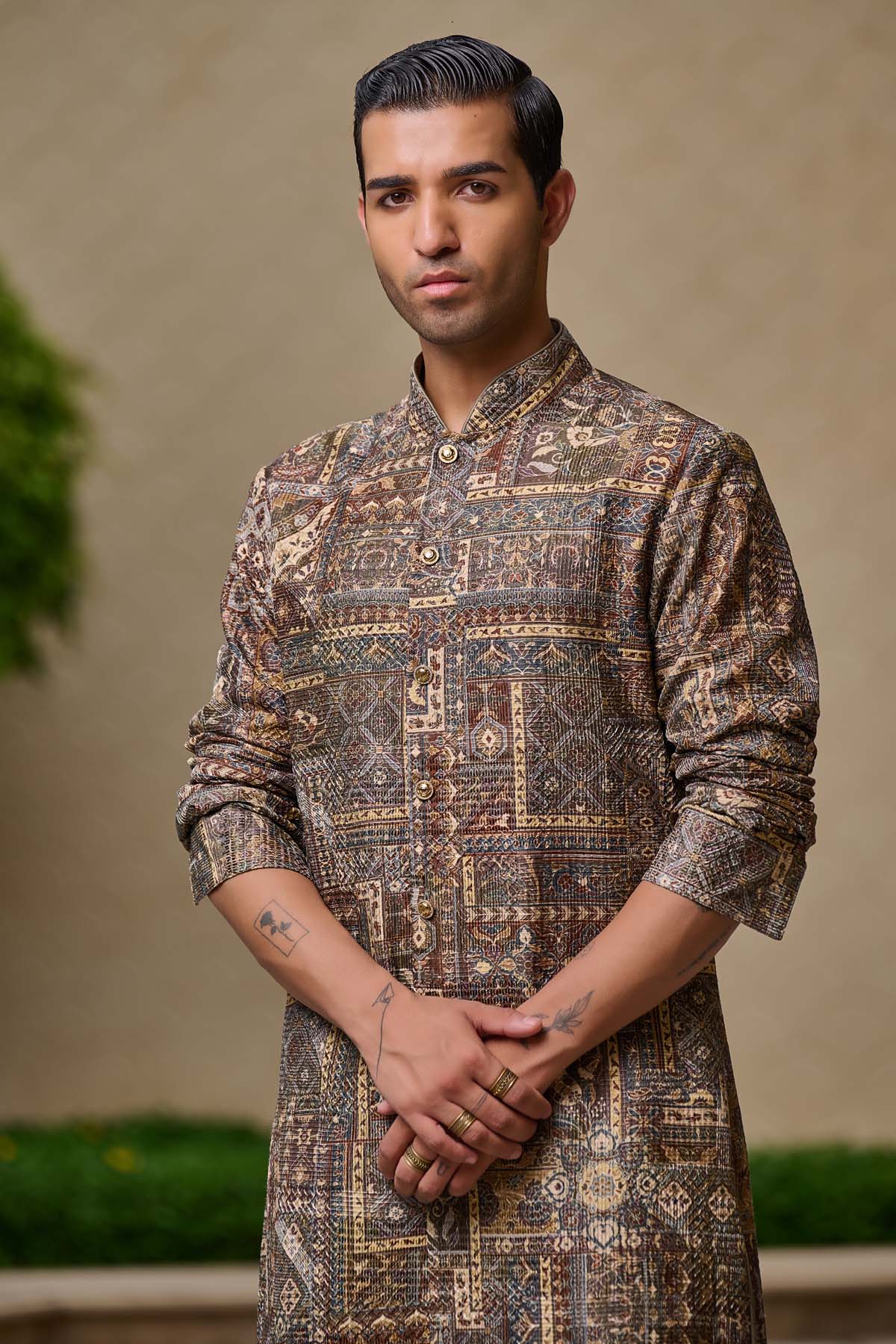 Tarun Tahiliani Menswear Printed Front-Open Kurta Set indian designer wear online shopping melange singapore