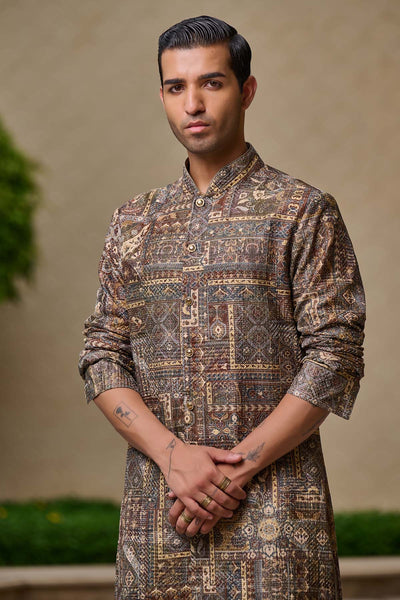 Tarun Tahiliani Menswear Printed Front-Open Kurta Set indian designer wear online shopping melange singapore