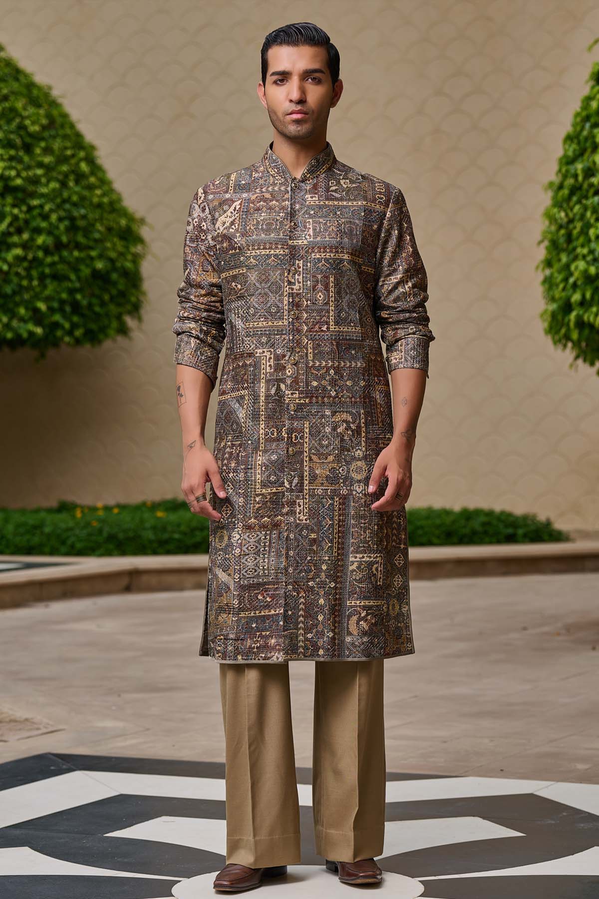 Tarun Tahiliani Menswear Printed Front-Open Kurta Set indian designer wear online shopping melange singapore
