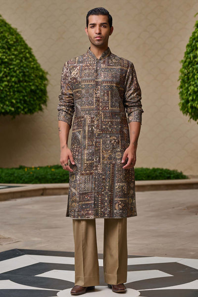 Tarun Tahiliani Menswear Printed Front-Open Kurta Set indian designer wear online shopping melange singapore