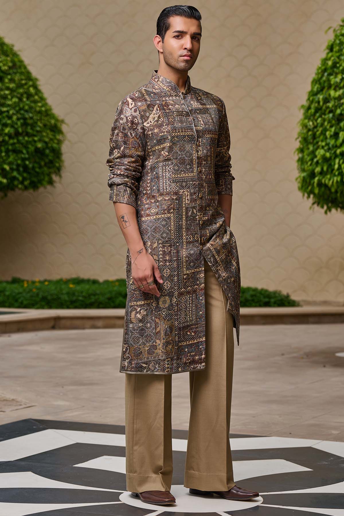 Tarun Tahiliani Menswear Printed Front-Open Kurta Set indian designer wear online shopping melange singapore