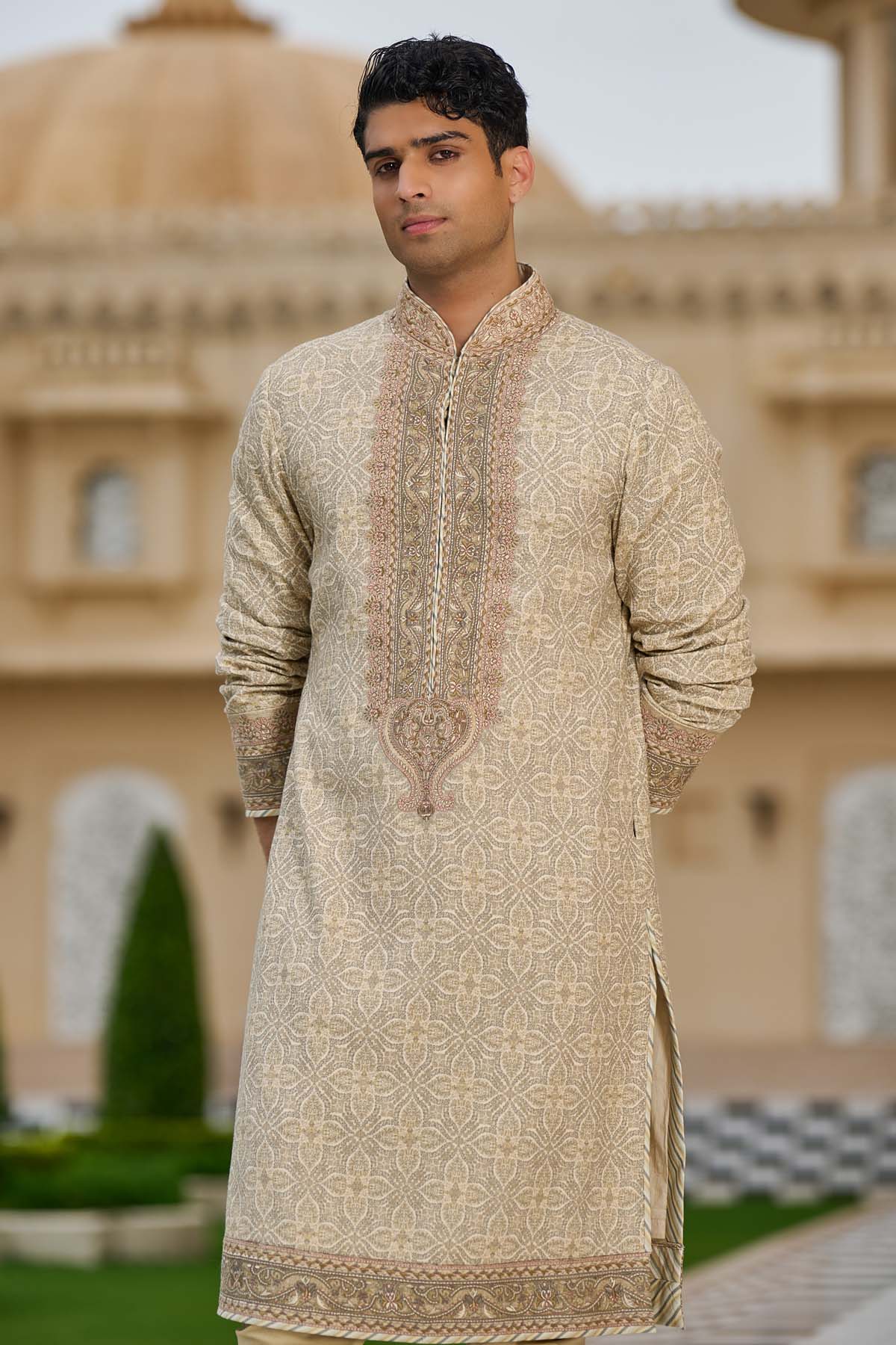 Tarun Tahiliani Menswear Printed Kurta Set with Embroidered Yoke indian designer wear online shopping melange singapore 