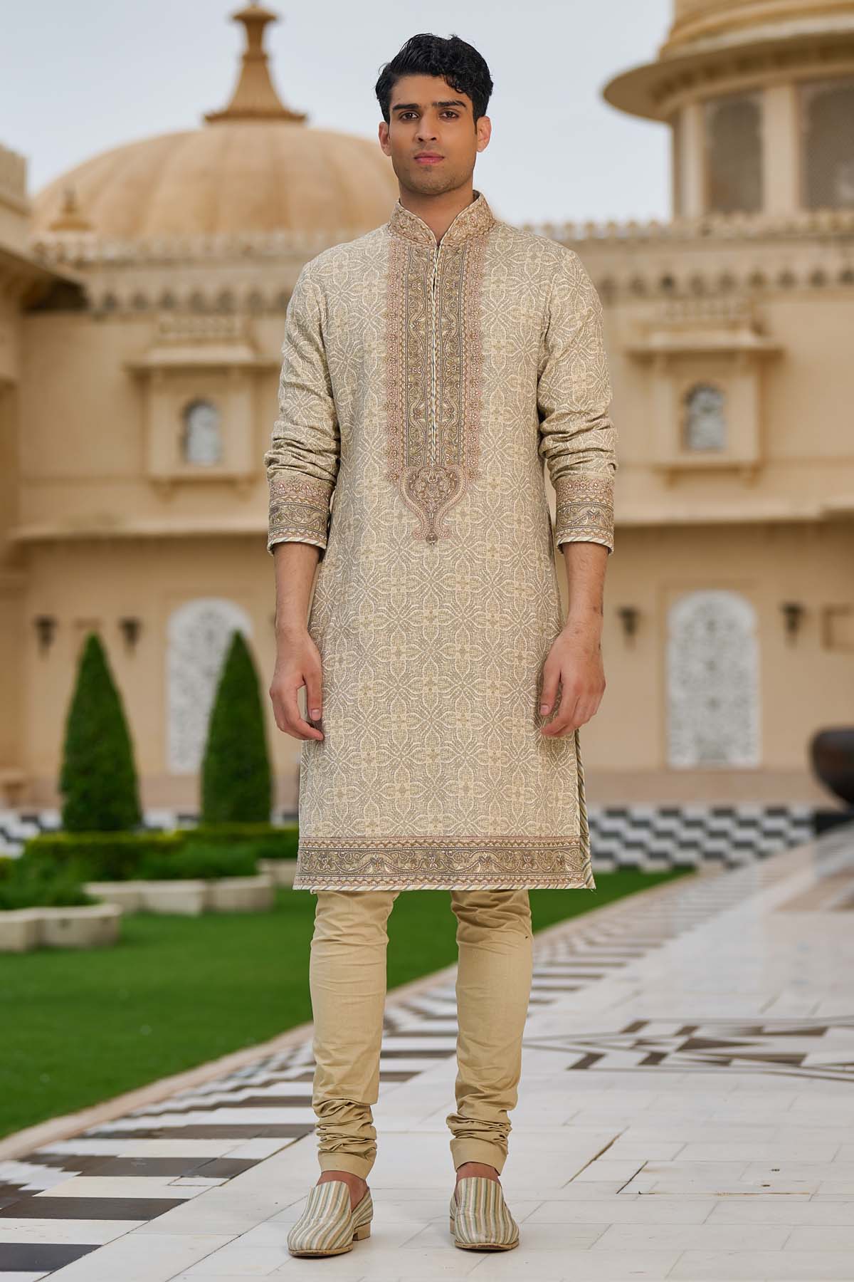 Tarun Tahiliani Menswear Printed Kurta Set with Embroidered Yoke indian designer wear online shopping melange singapore 
