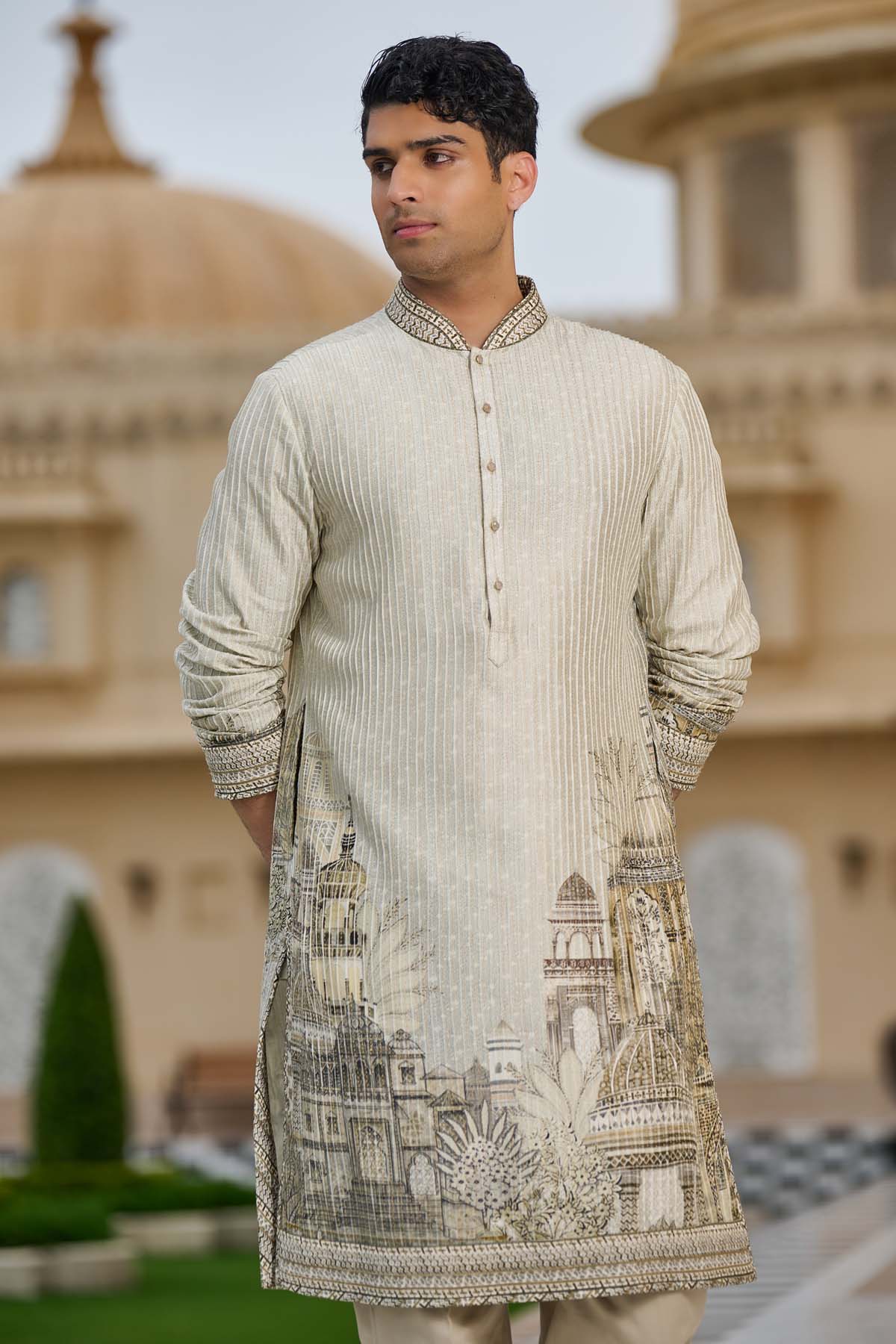 Tarun Tahiliani Menswear Textured Pichwai Printed Kurta Set indian designer wear online shopping melange singapore 