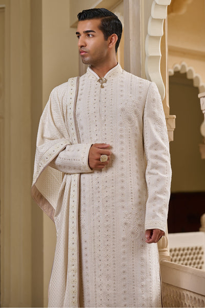 Tarun Tahiliani Menswear Tonal Chikankari Sherwani Set indian designer wear online shopping melange singapore 