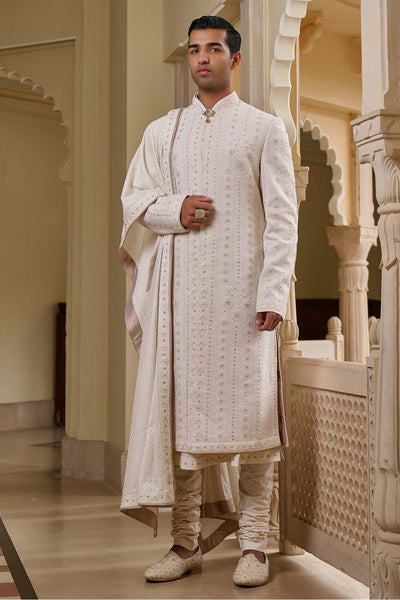 Tarun Tahiliani Menswear Tonal Chikankari Sherwani Set indian designer wear online shopping melange singapore 