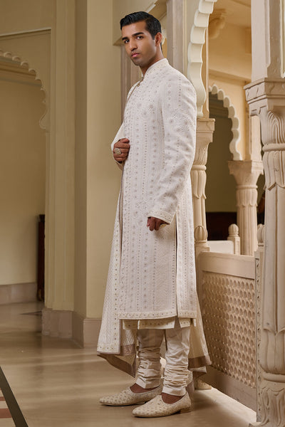 Tarun Tahiliani Menswear Tonal Chikankari Sherwani Set indian designer wear online shopping melange singapore 