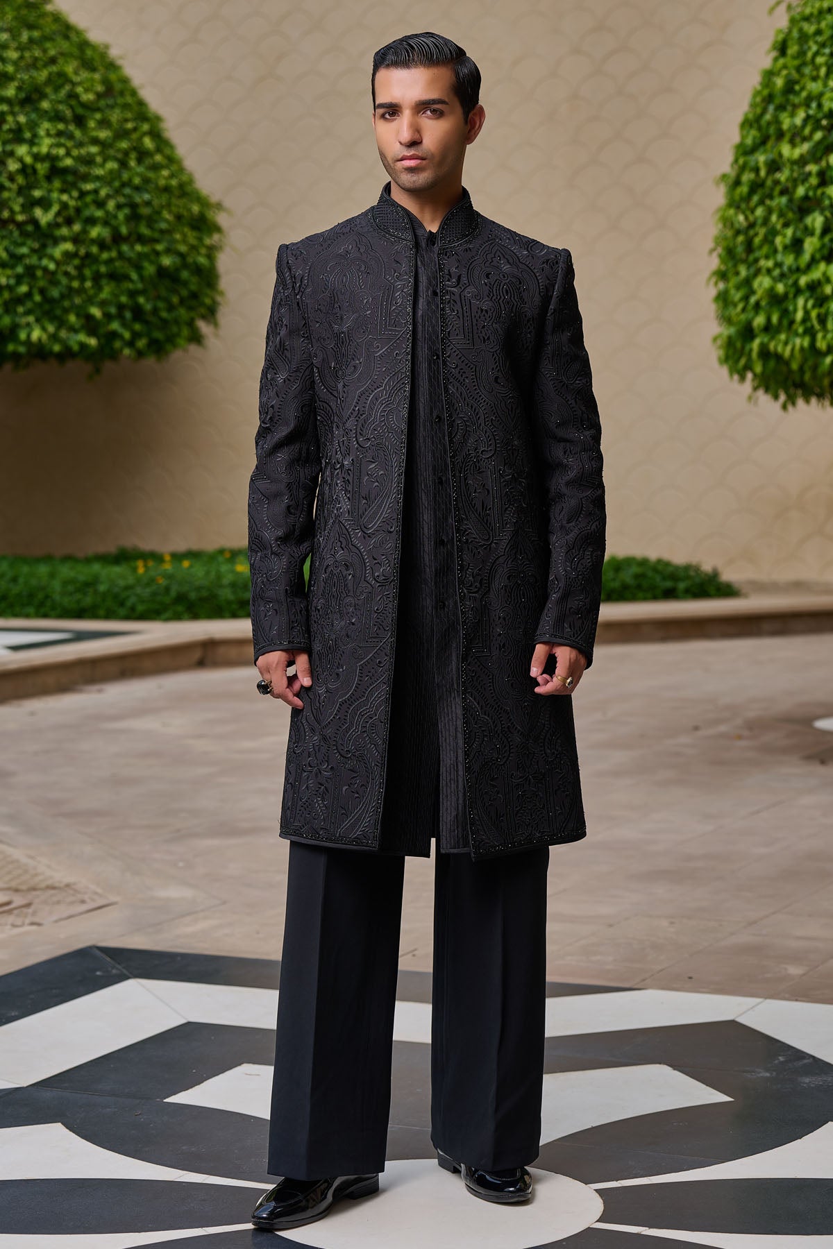 Tarun Tahiliani Menswear Tonal Embroidered Sherwani Set indian designer wear online shopping melange singapore 
