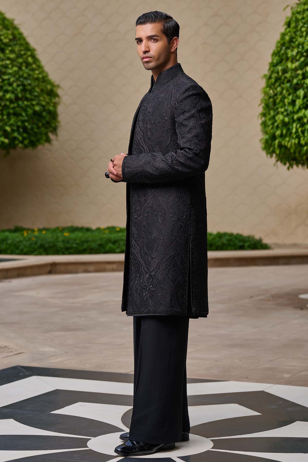 Tarun Tahiliani Menswear Tonal Embroidered Sherwani Set indian designer wear online shopping melange singapore 
