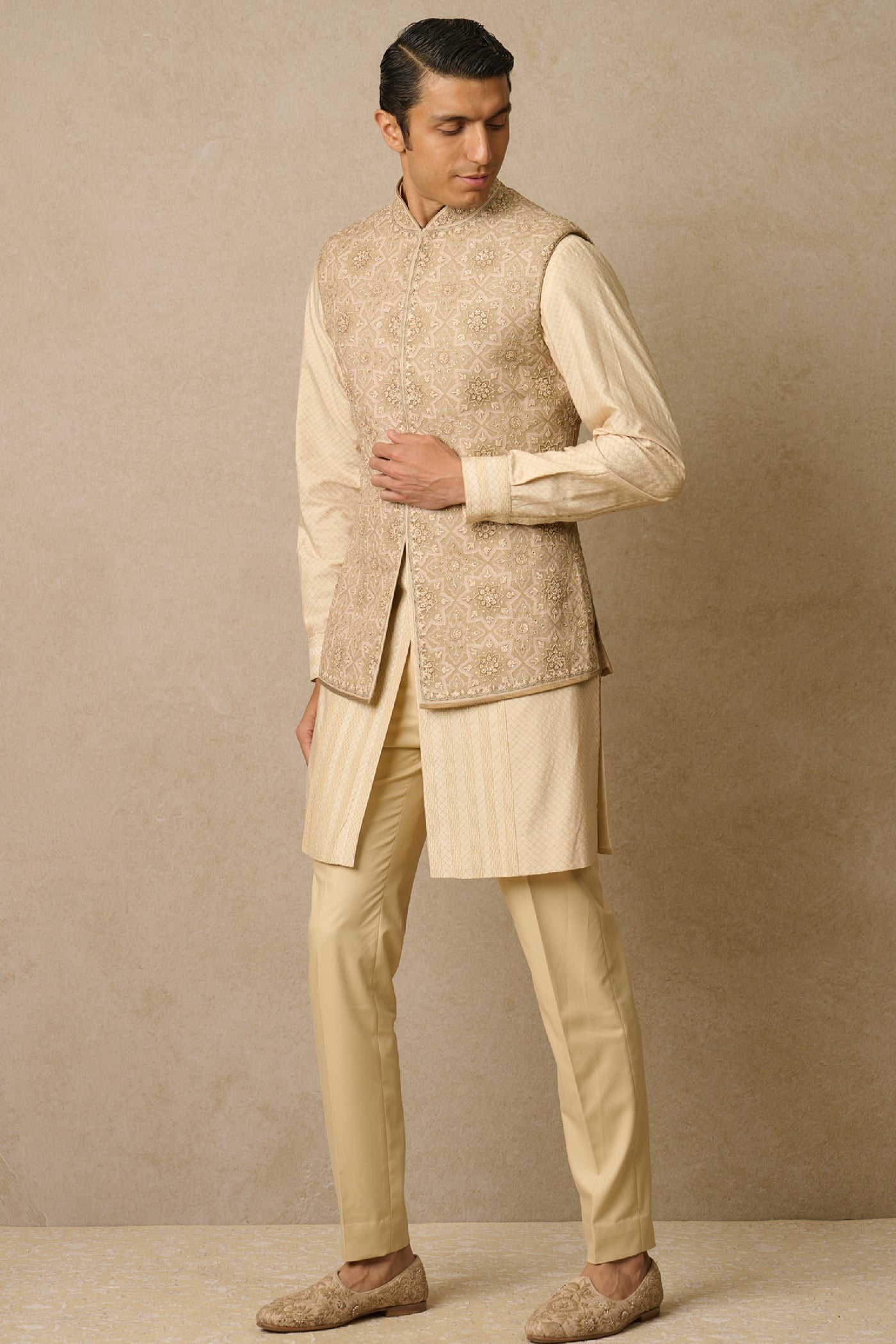 Tarun Tahiliani Menswear Waistcoat Beige indian designer wear online shopping melange singapore