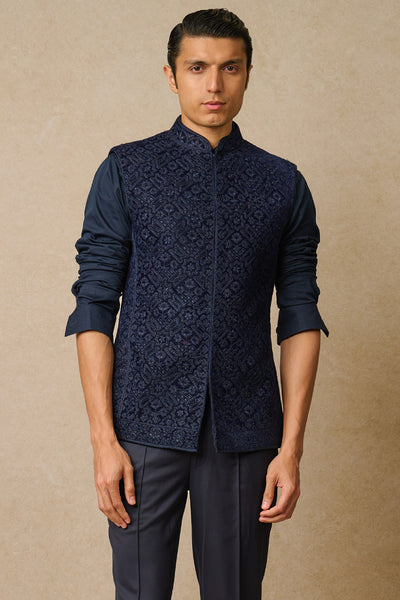 Tarun Tahiliani Menswear Waistcoat Navy Blue indian designer wear online shopping melange singapore