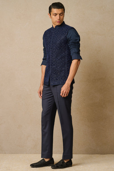 Tarun Tahiliani Menswear Waistcoat Navy Blue indian designer wear online shopping melange singapore