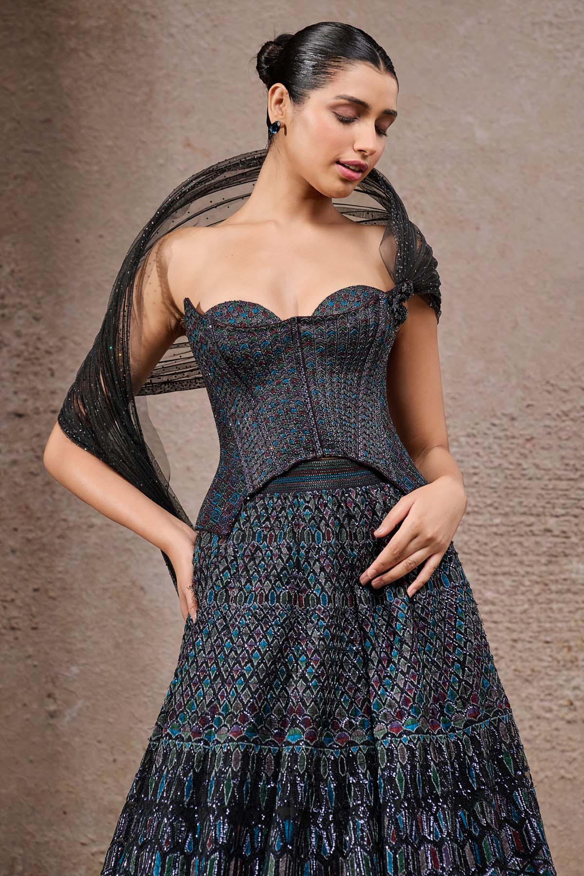 Tarun Tahiliani Mosaic Lehenga with Corset and Drape indian designer wear online shopping melange singapore 