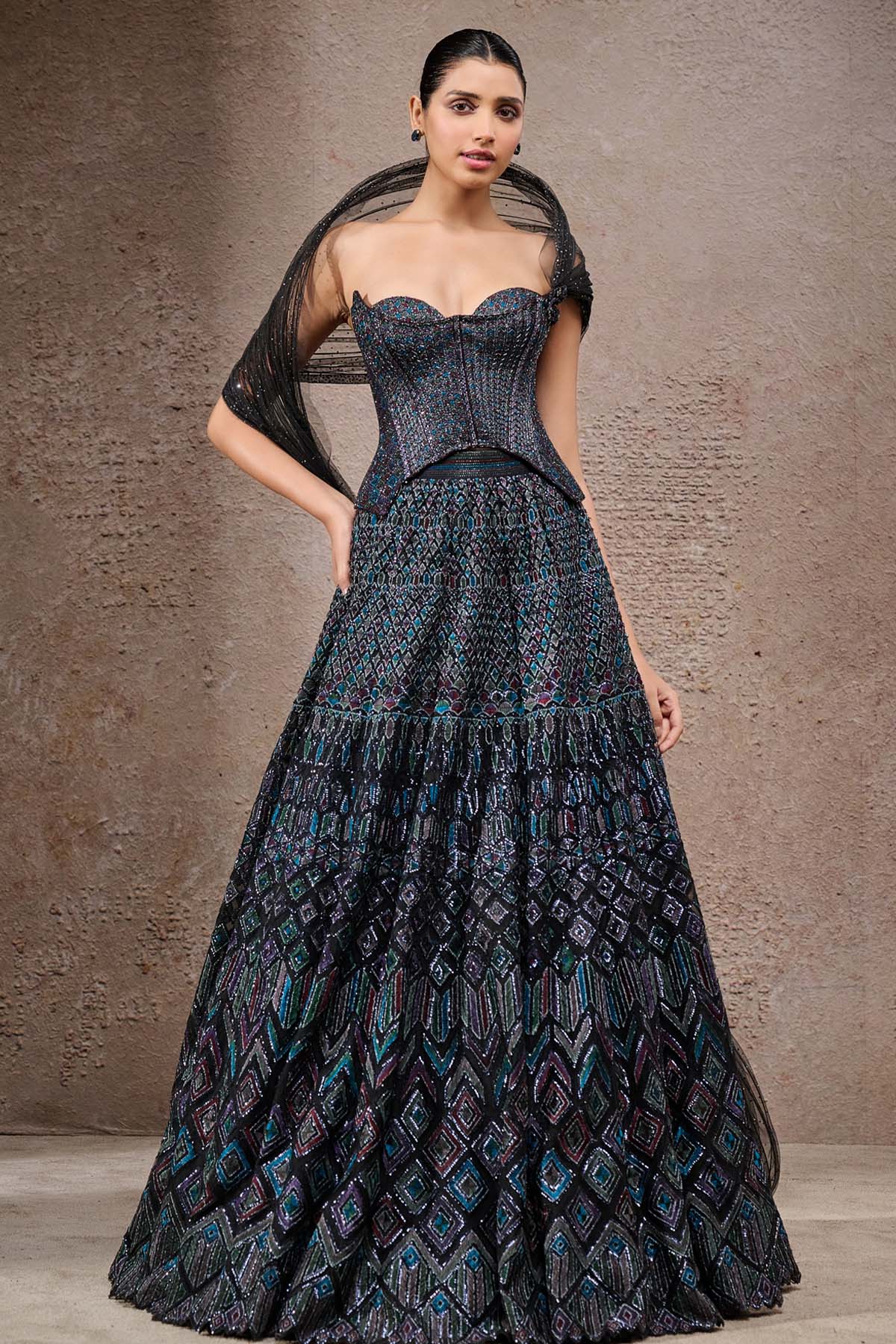 Tarun Tahiliani Mosaic Lehenga with Corset and Drape indian designer wear online shopping melange singapore 