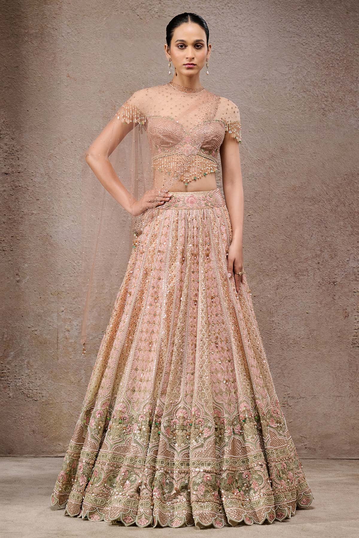 Tarun Tahiliani Mughal Embroidered Lehenga With Drape Ivory Gold indian designer wear online shopping melange singapore 