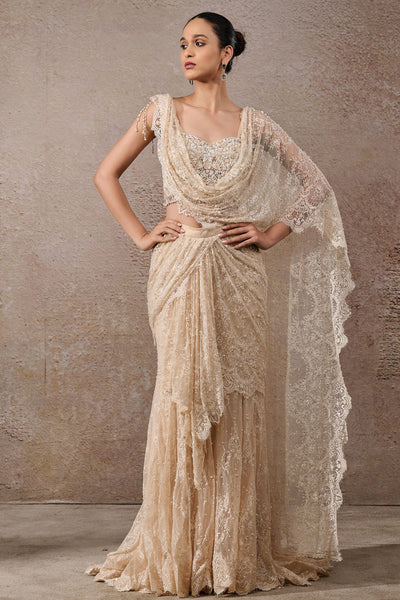 Tarun Tahiliani Ombre Pearl Concept Saree Ivory Indian designer wear online shopping melange singapore