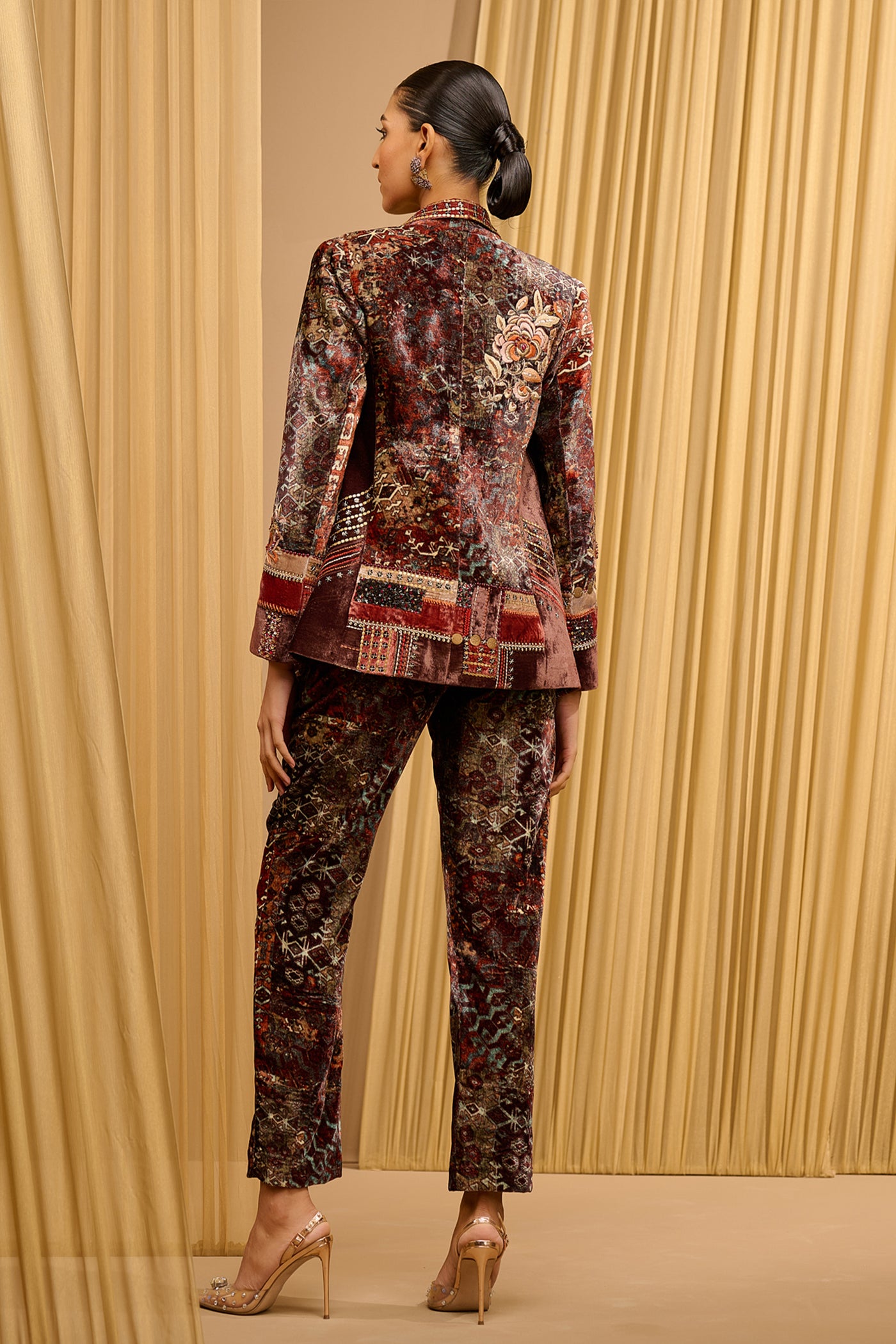 Tarun Tahiliani Printed Velvet Co-Ord Set Brown Multi indian designer wear online shopping melange singapore