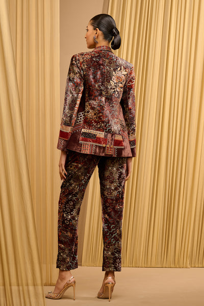 Tarun Tahiliani Printed Velvet Co-Ord Set Brown Multi indian designer wear online shopping melange singapore