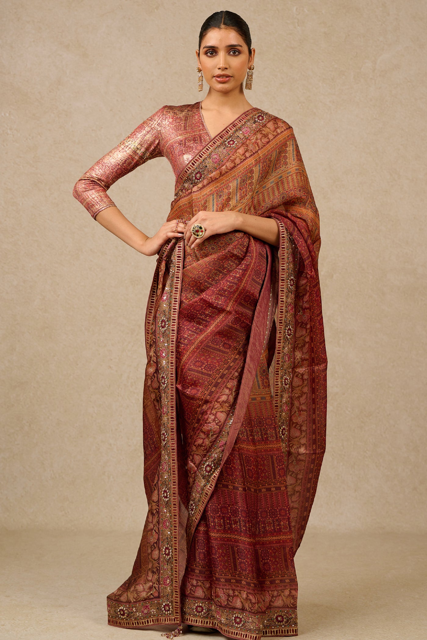 Tarun Tahiliani Saree Blouse Beige Burgundy indian designer wear online shopping melange singapore
