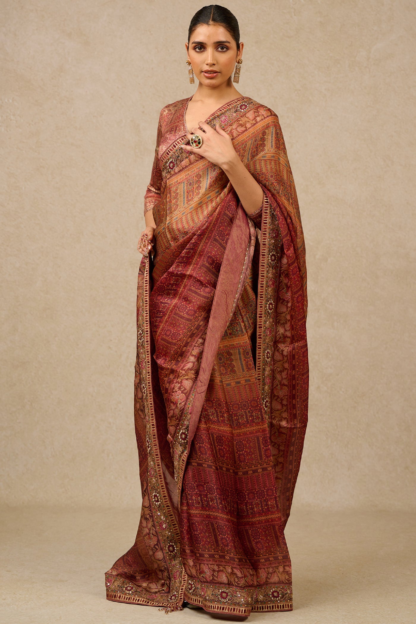 Tarun Tahiliani Saree Blouse Beige Burgundy indian designer wear online shopping melange singapore