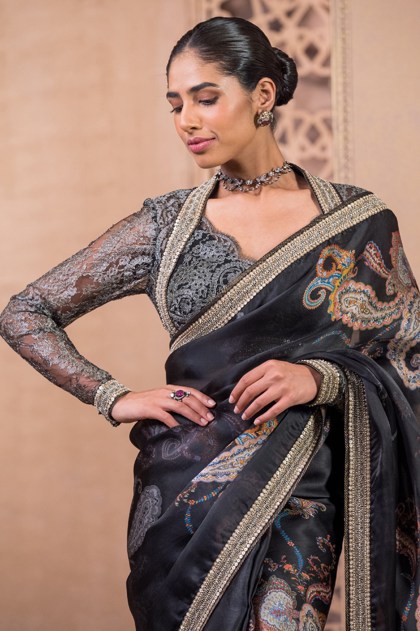 Tarun Tahiliani Saree And Blouse Black indian designer wear online shopping melange singapore