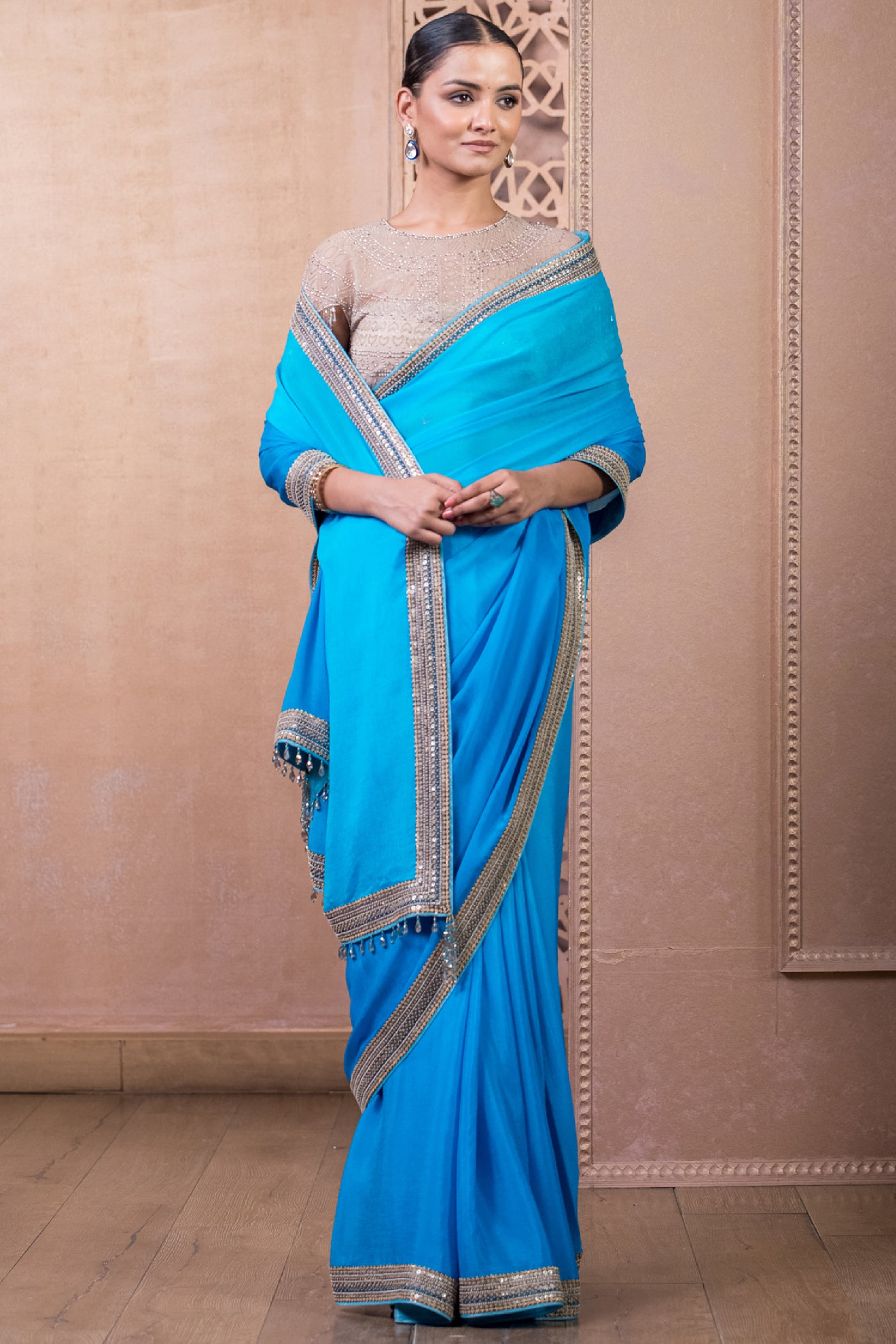 Tarun Tahiliani Saree And Blouse Fabric Blue Green indian designer wear online shopping melange singapore