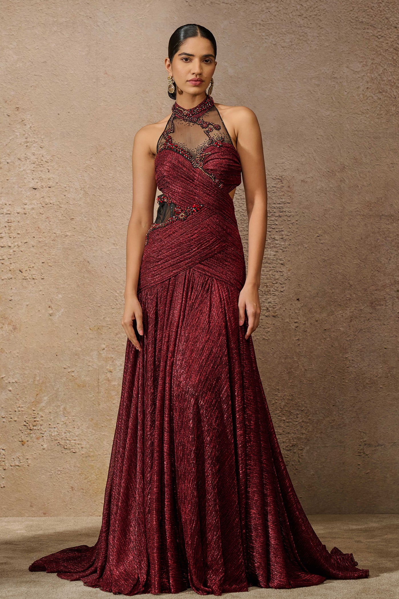 Tarun Tahiliani Sculpted Jewelled Crinkle Gown indian designer wear online shopping melange singapore