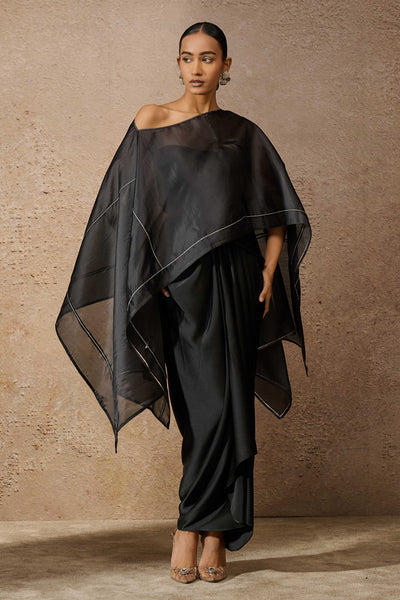 Tarun Tahiliani Short Kaftan Top Draped Skirt Co-Ord Set Black indian designer wear online shopping melange singapore