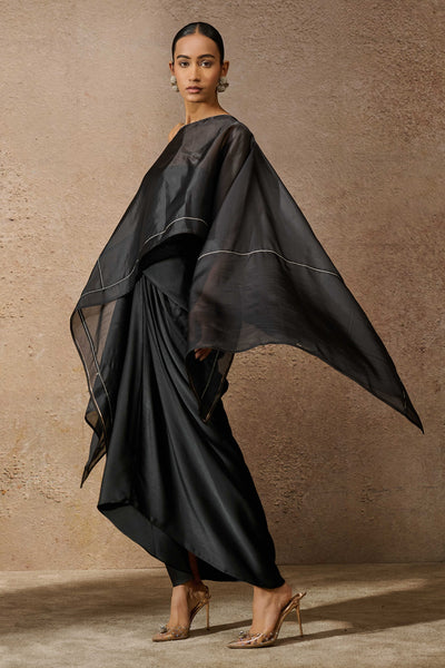 Tarun Tahiliani Short Kaftan Top Draped Skirt Co-Ord Set Black indian designer wear online shopping melange singapore
