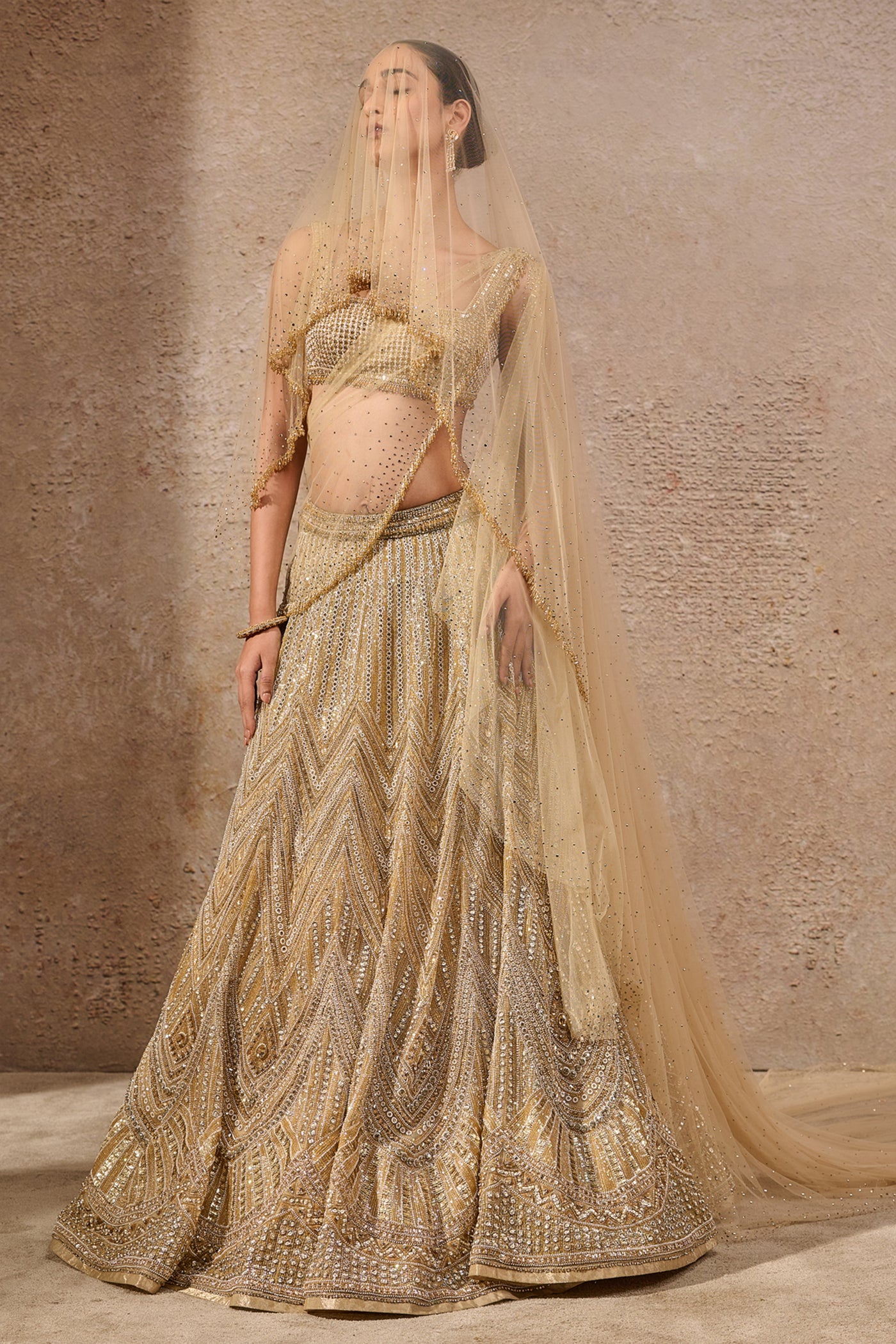 Tarun Tahiliani Stone And Sequin Studded Lehenga Gold indian designer wear online shopping melange singapore