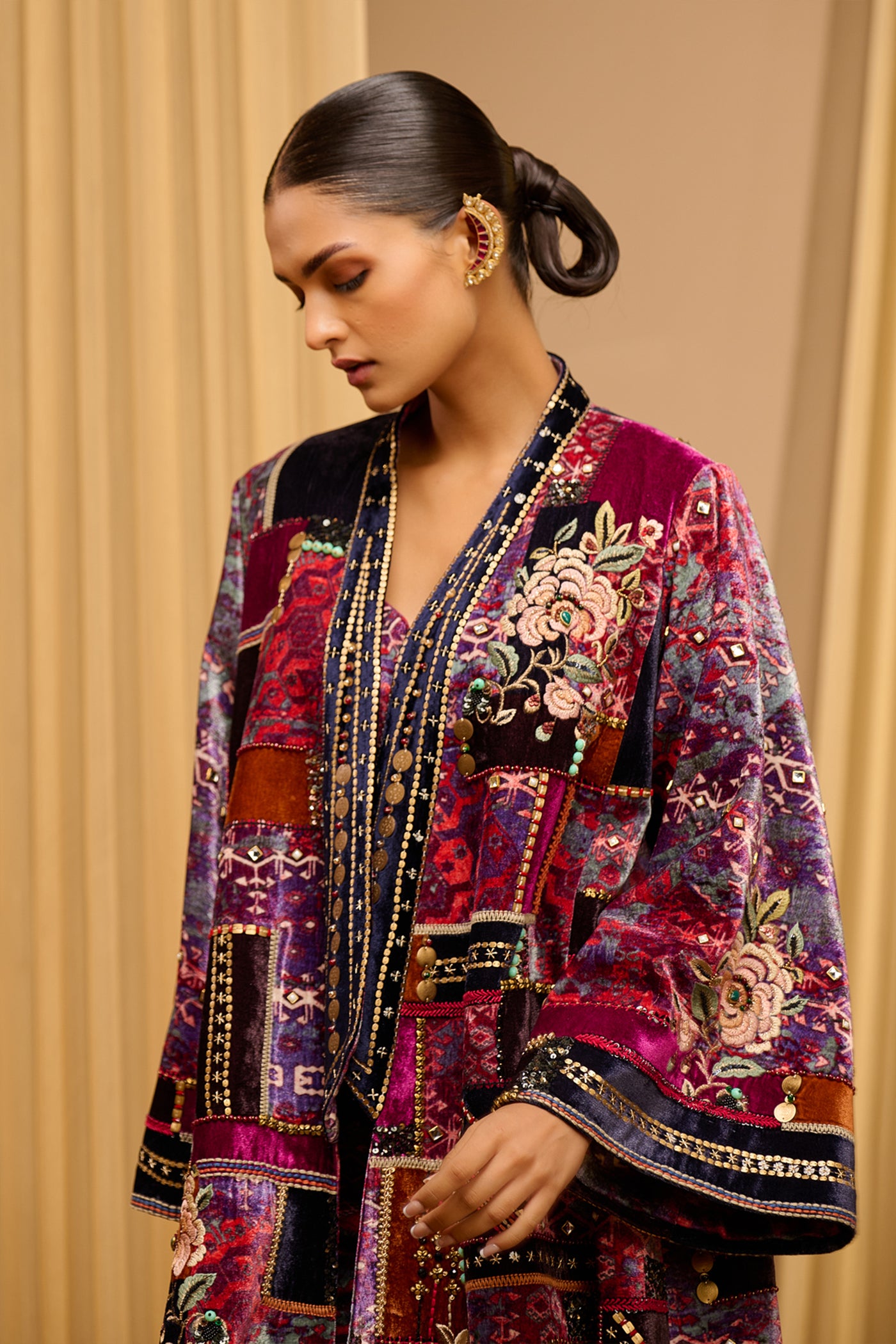Tarun Tahiliani Velvet Printed Long Jacket Co-Ord Set indian designer wear online shopping melange singapore