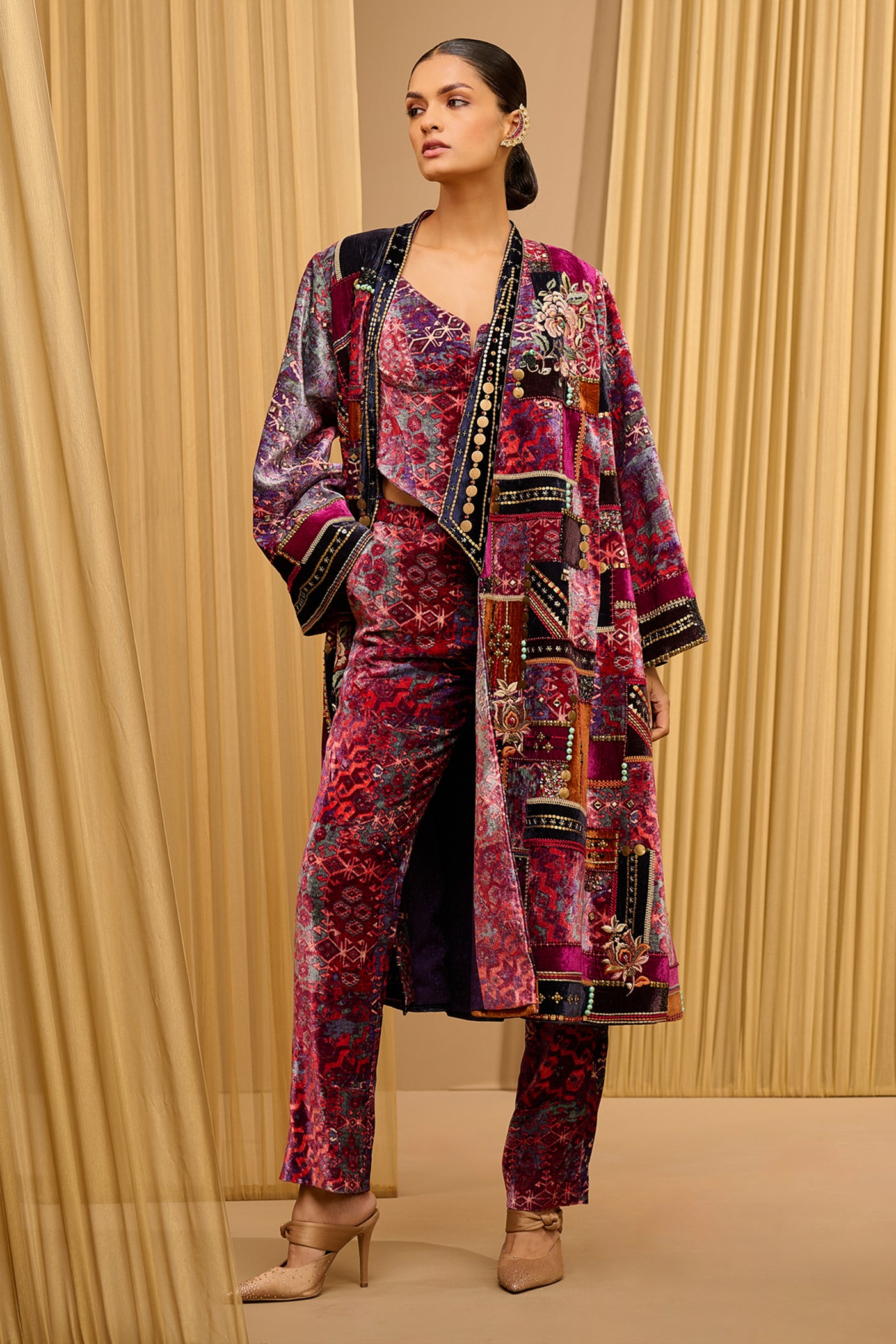 Tarun Tahiliani Velvet Printed Long Jacket Co-Ord Set indian designer wear online shopping melange singapore