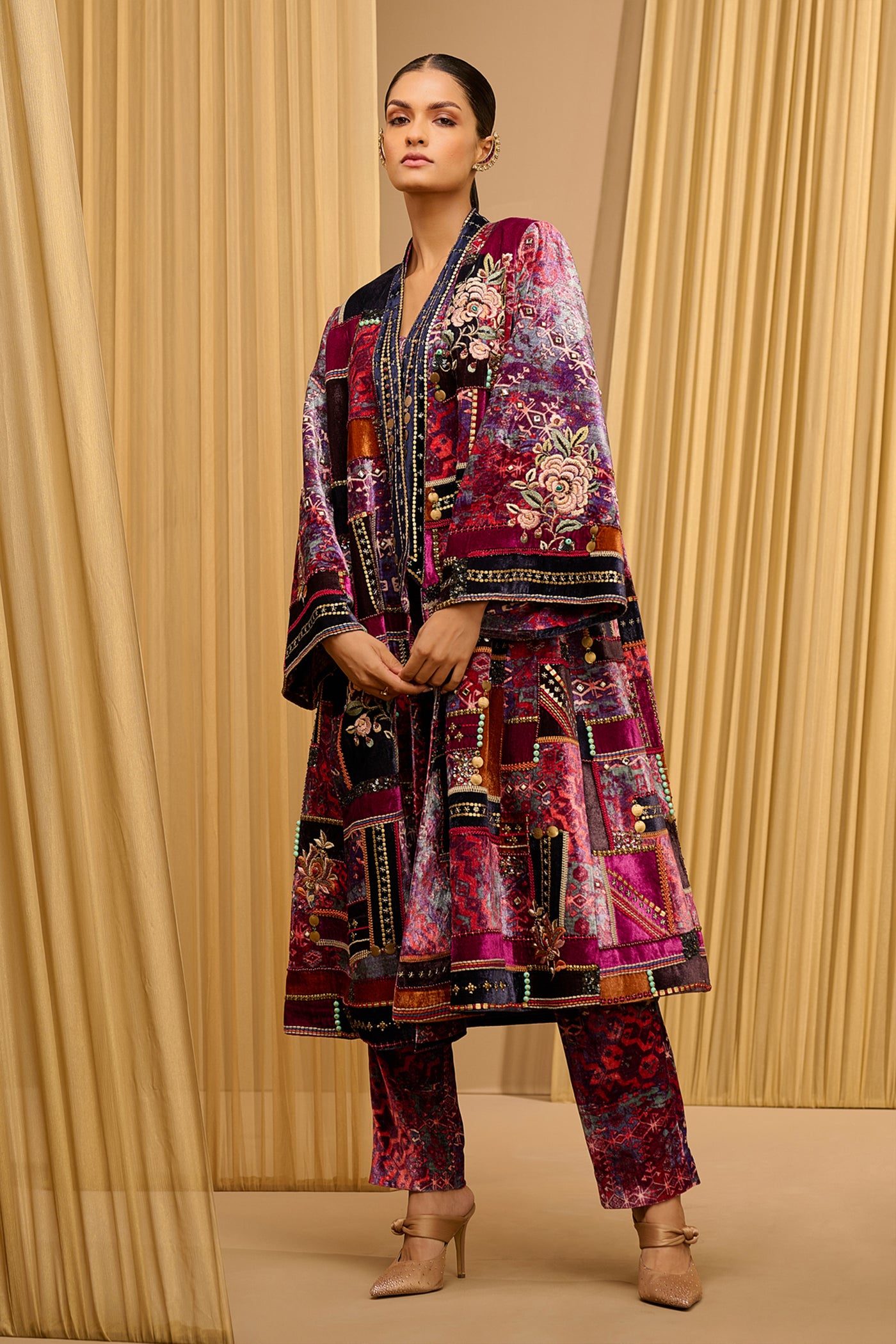 Tarun Tahiliani Velvet Printed Long Jacket Co-Ord Set indian designer wear online shopping melange singapore