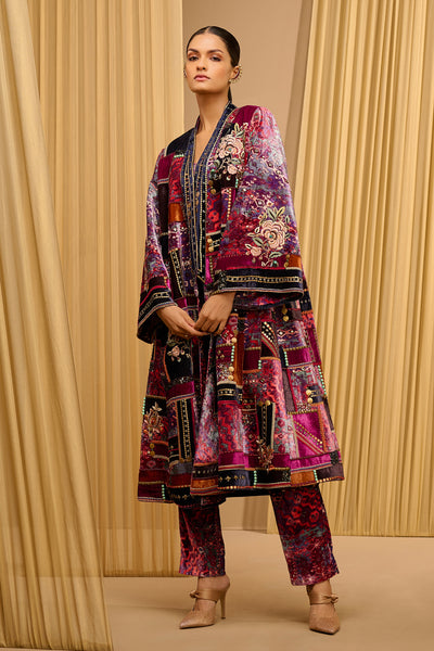 Tarun Tahiliani Velvet Printed Long Jacket Co-Ord Set indian designer wear online shopping melange singapore