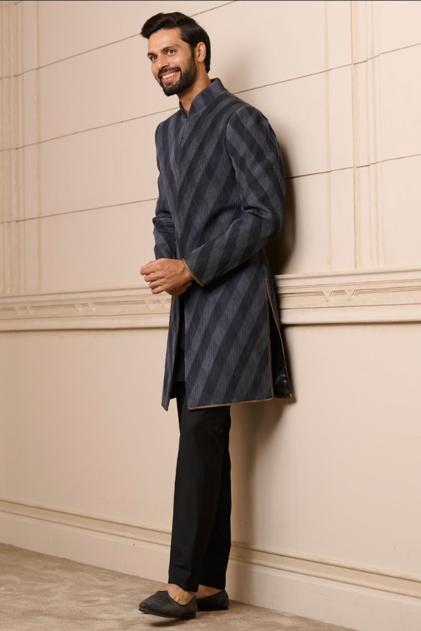 Tarun Tahiliani Menswear Sherwani Kurta And Trouser Charcoal indian designer wear online shopping melange singapore