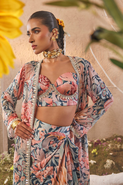 The Story Brand Anais Cape Set with Corset and Skirt in Dark Blue indian designer wear online shopping melange singapore