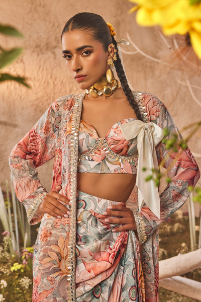 The Story Brand Anais Cape Set with Corset and Skirt in White indian designer wear online shopping melange singapore