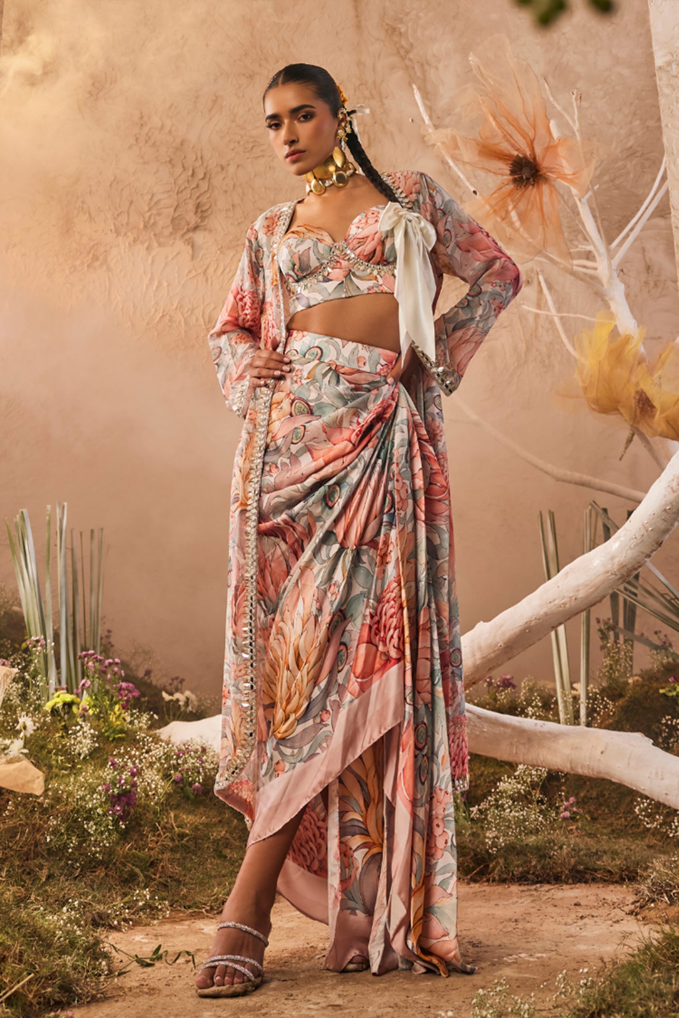 The Story Brand Anais Cape Set with Corset and Skirt in White indian designer wear online shopping melange singapore