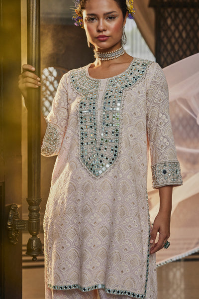 The Story Brand Aria Kurta With Turquoise Mirror Yoke Narrow Pants And Dupatta In Blush Indian designer wear online shopping melange singapore