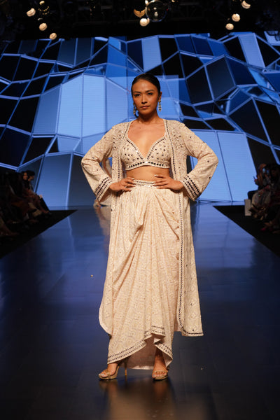 The Story Brand Blush Mirror Embellished Long Cape Bralette Top And A Draped Skirt indian designer wear online shopping melange singapore