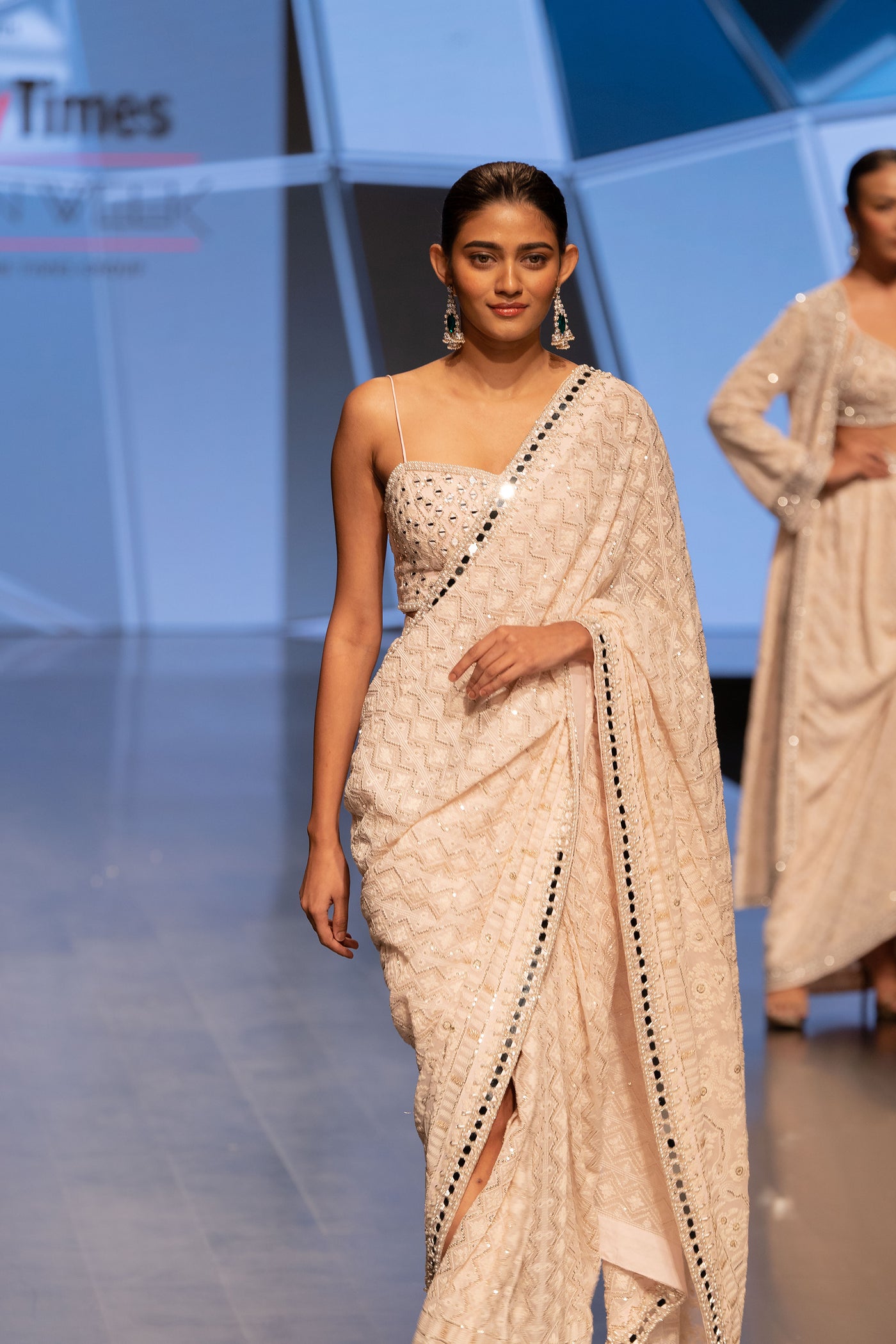 The Story Brand Blush Pearl And Mirror Embellished Saree With Bustier Top indian designer wear online shopping melange singapore