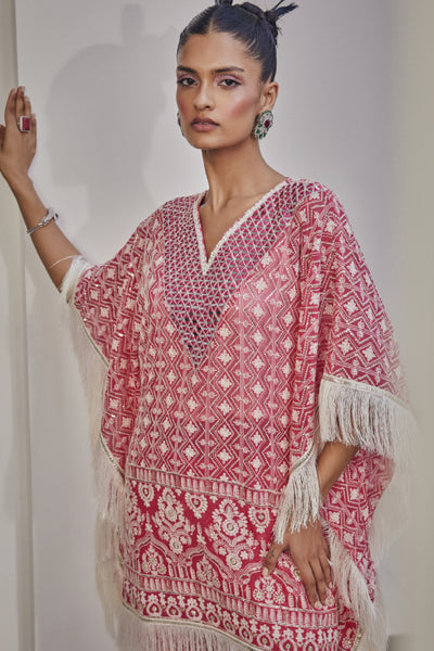 The Story Brand Bodrum Kaftan With V Neck Mirror And Narrow Pants In Fuchsia Indian designer wear online shopping melange singapore