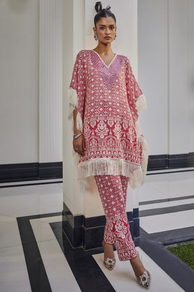 The Story Brand Bodrum Kaftan With V Neck Mirror And Narrow Pants In Fuchsia Indian designer wear online shopping melange singapore