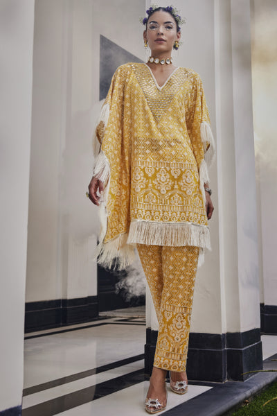 The Story Brand Bodrum Kaftan With V Neck Mirror And Narrow Pants In Mango Indian designer wear online shopping melange singapore