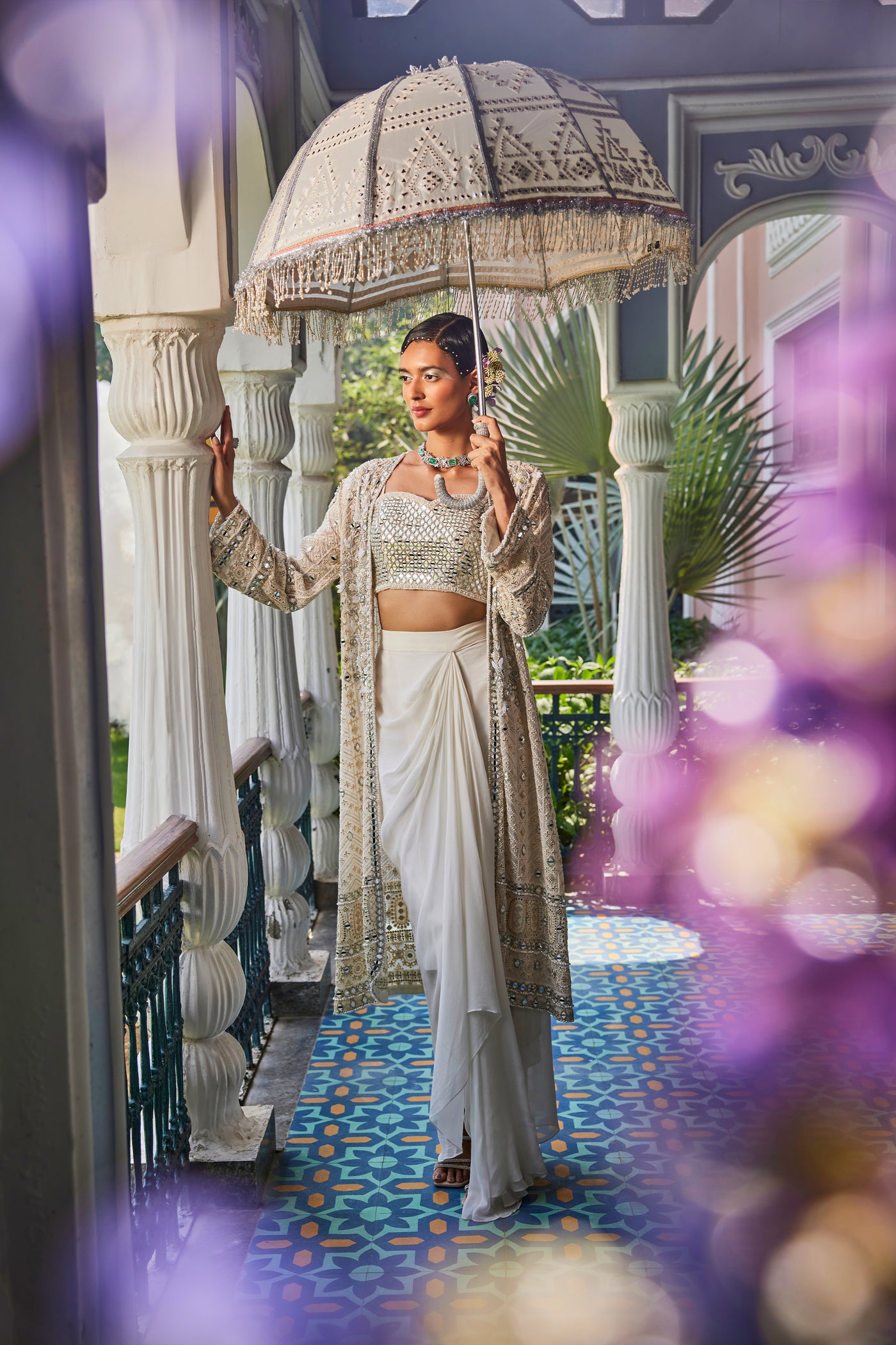 The Story Brand Anais Cape With Mirror Blouse And Draped Skirt indian designer wear online shopping melange singapore