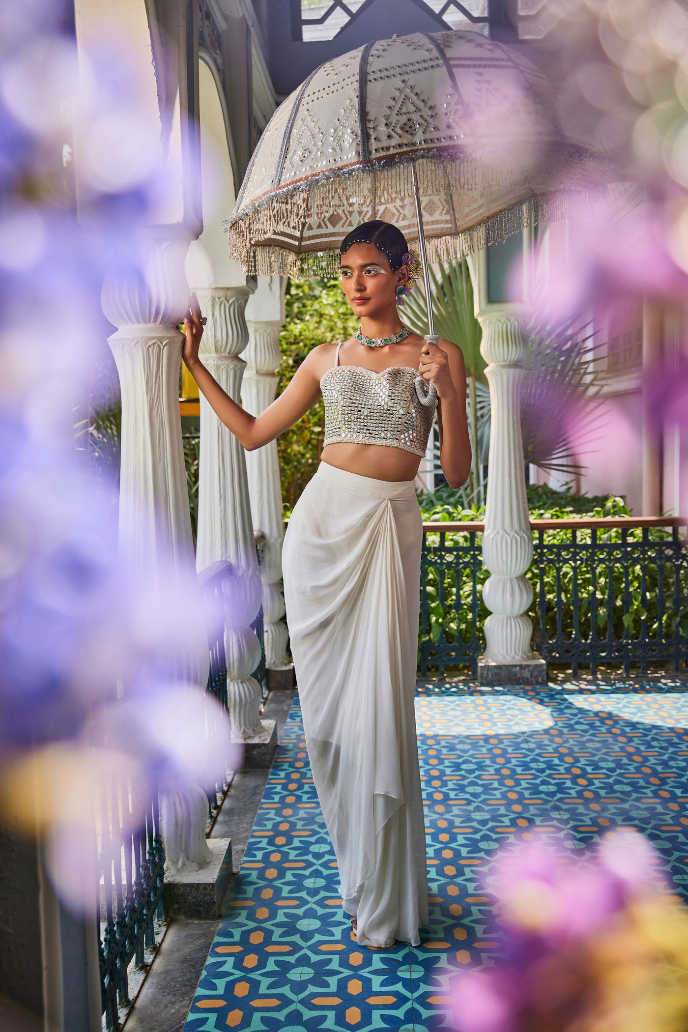 The Story Brand Anais Cape With Mirror Blouse And Draped Skirt indian designer wear online shopping melange singapore