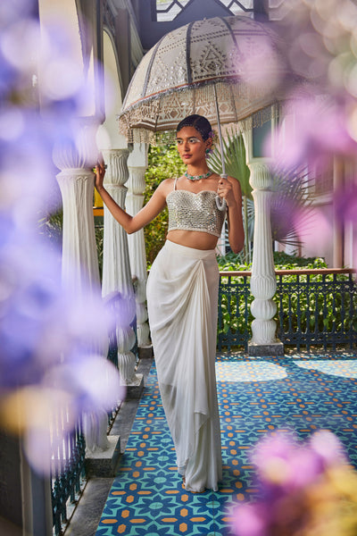The Story Brand Anais Cape With Mirror Blouse And Draped Skirt indian designer wear online shopping melange singapore