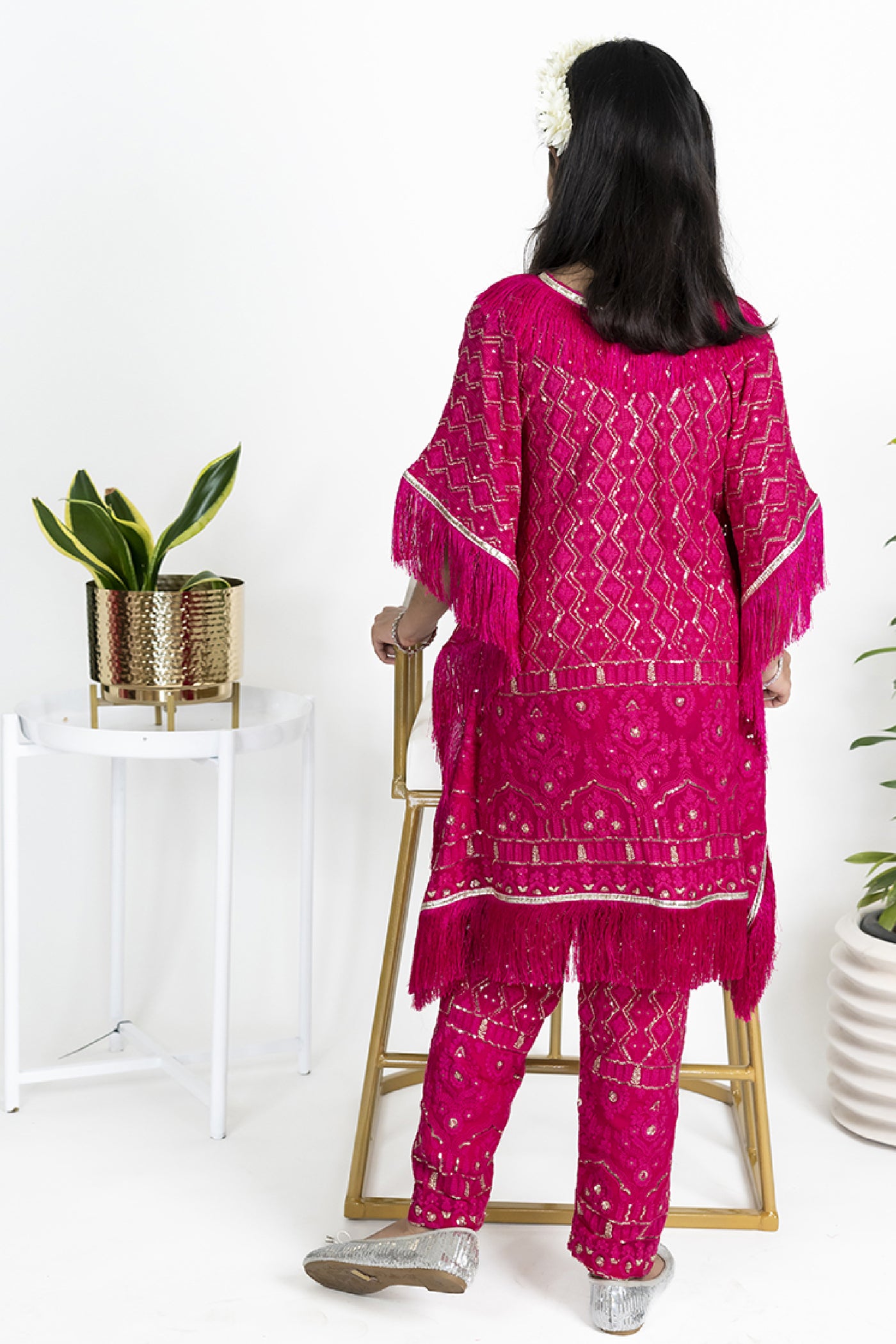 The Story Brand Chikkankari Kaftan Set With Ankle Pants In Fushia indian designer wear online shopping melange singapore