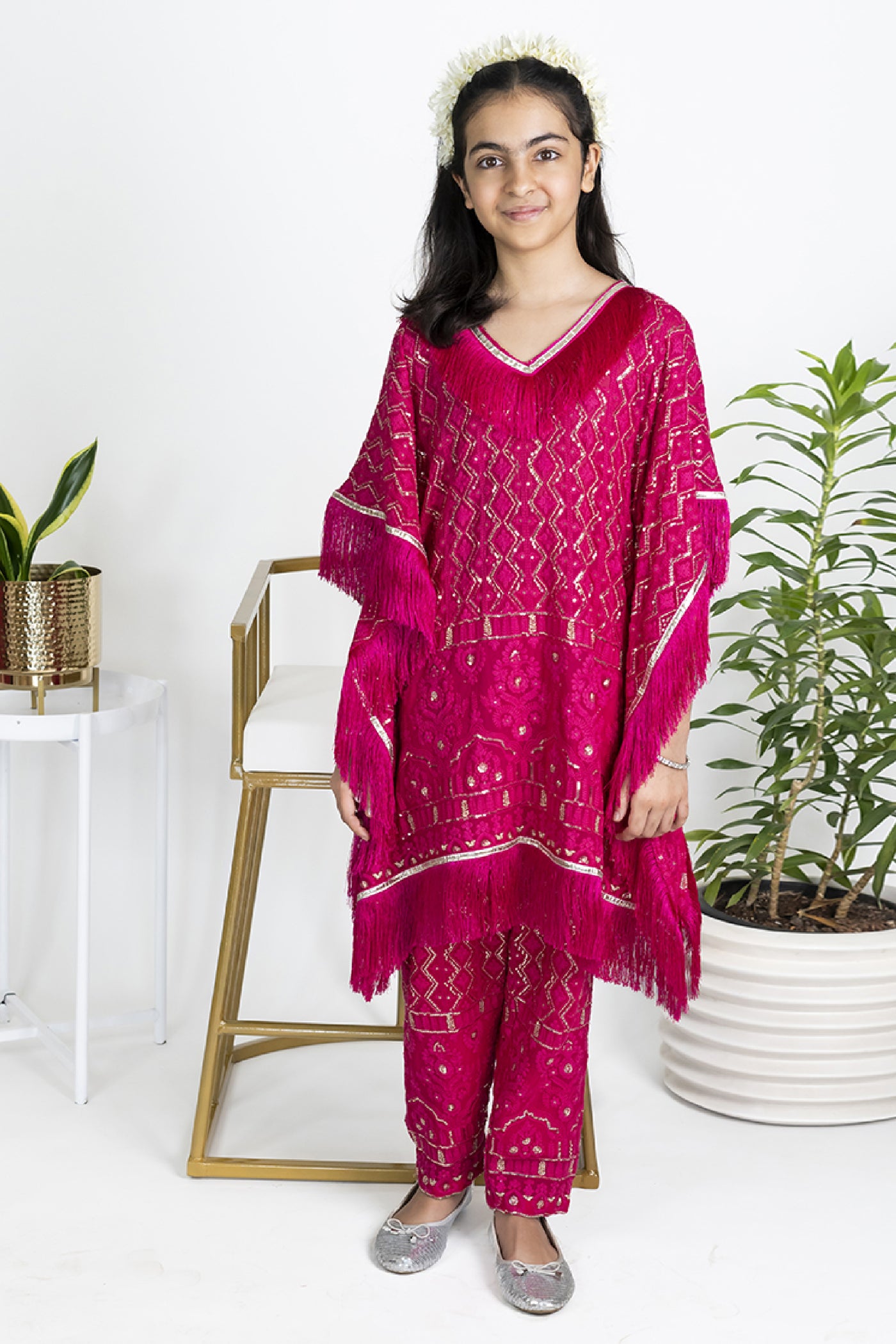 The Story Brand Chikkankari Kaftan Set With Ankle Pants In Fushia indian designer wear online shopping melange singapore