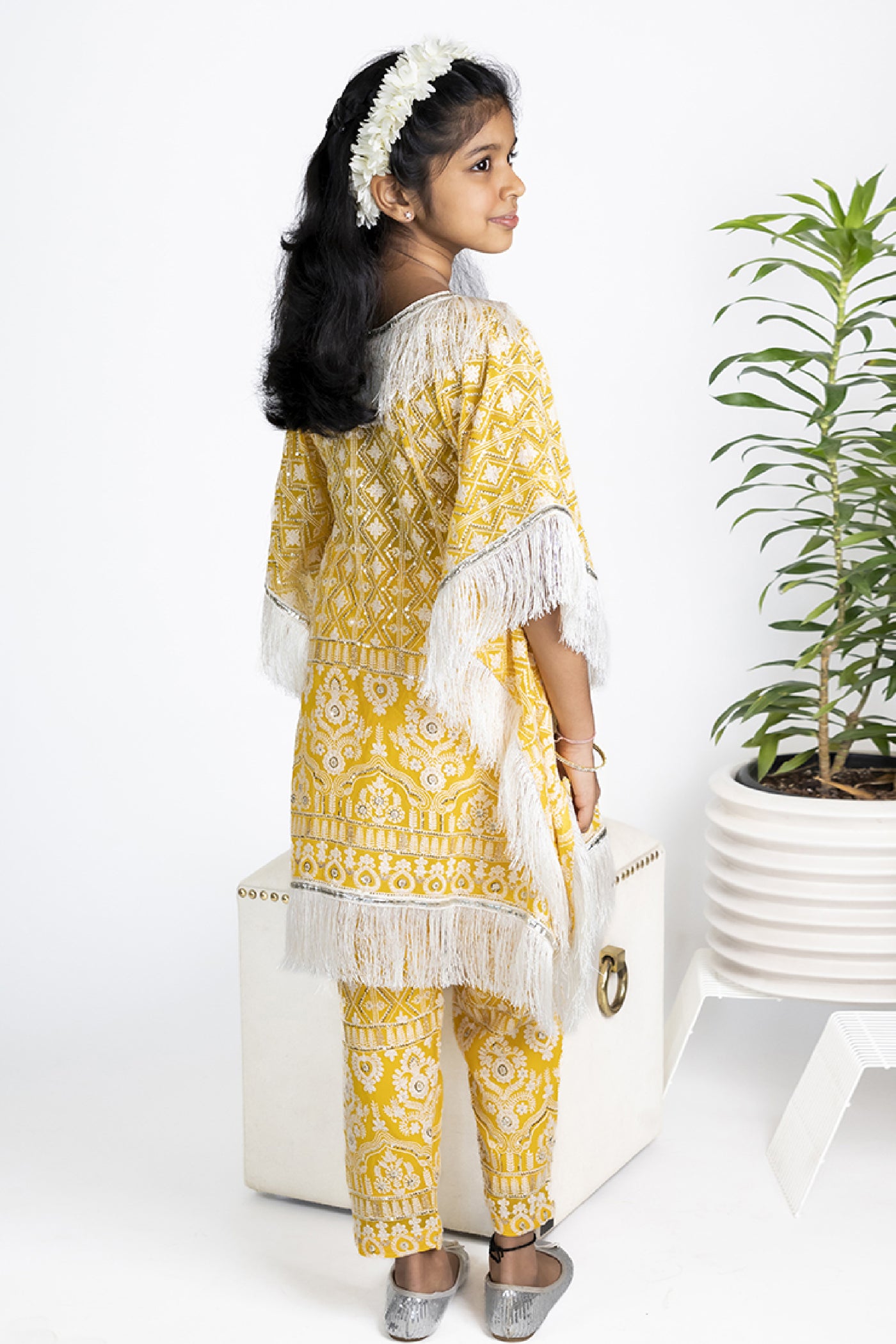 The Story Brand Chikkankari Kaftan Set With Ankle Pants In Mango indian designer wear online shopping melange singapore